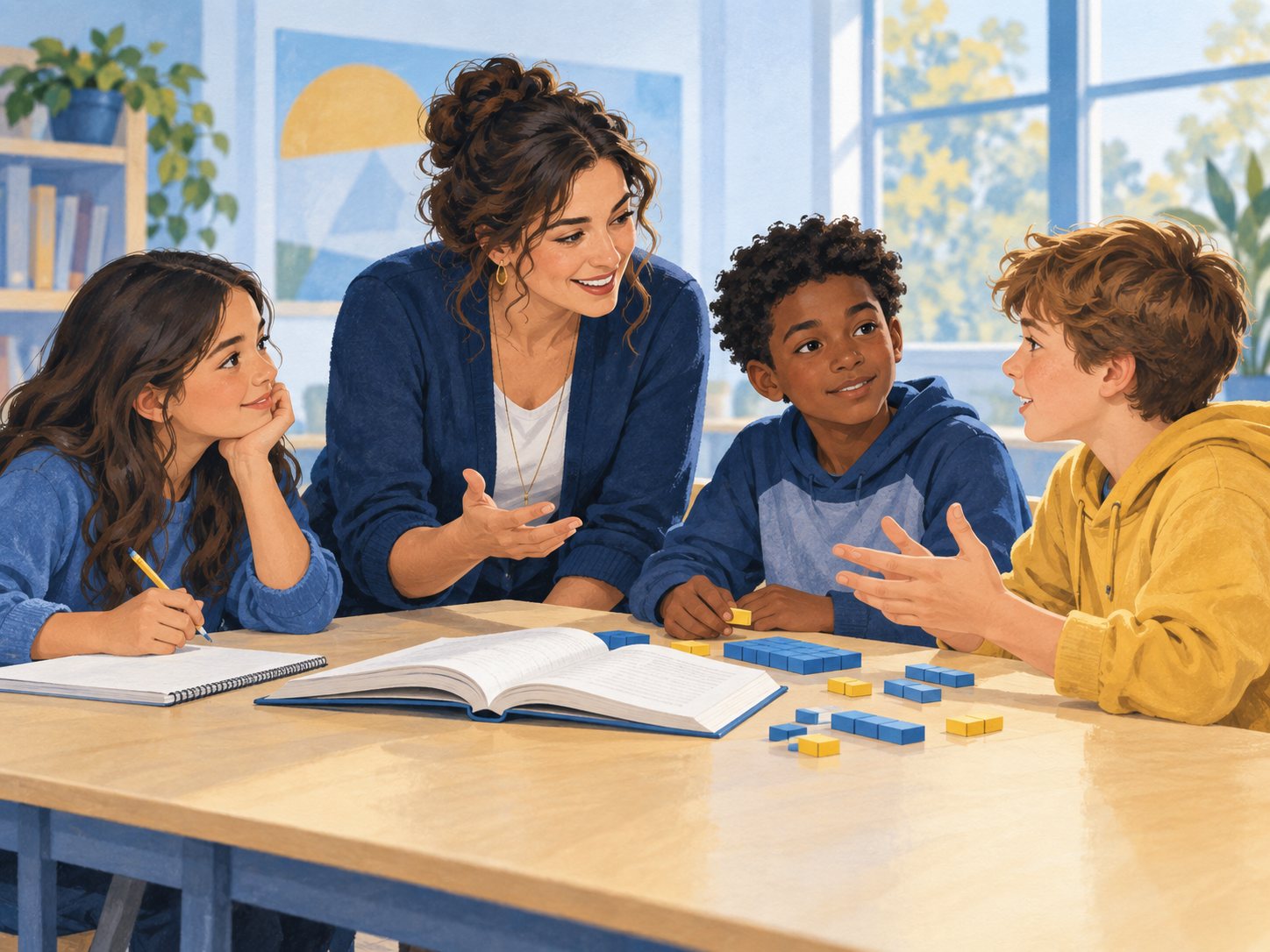 A teacher and students sharing ideas around a classroom table.