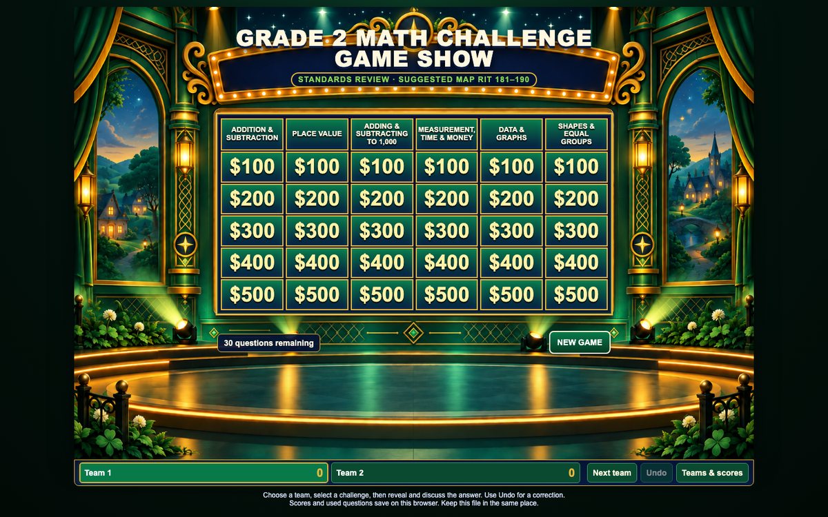 Math Challenge Game Show · Free Sampler (10 of 30 questions) Grade 2 game board