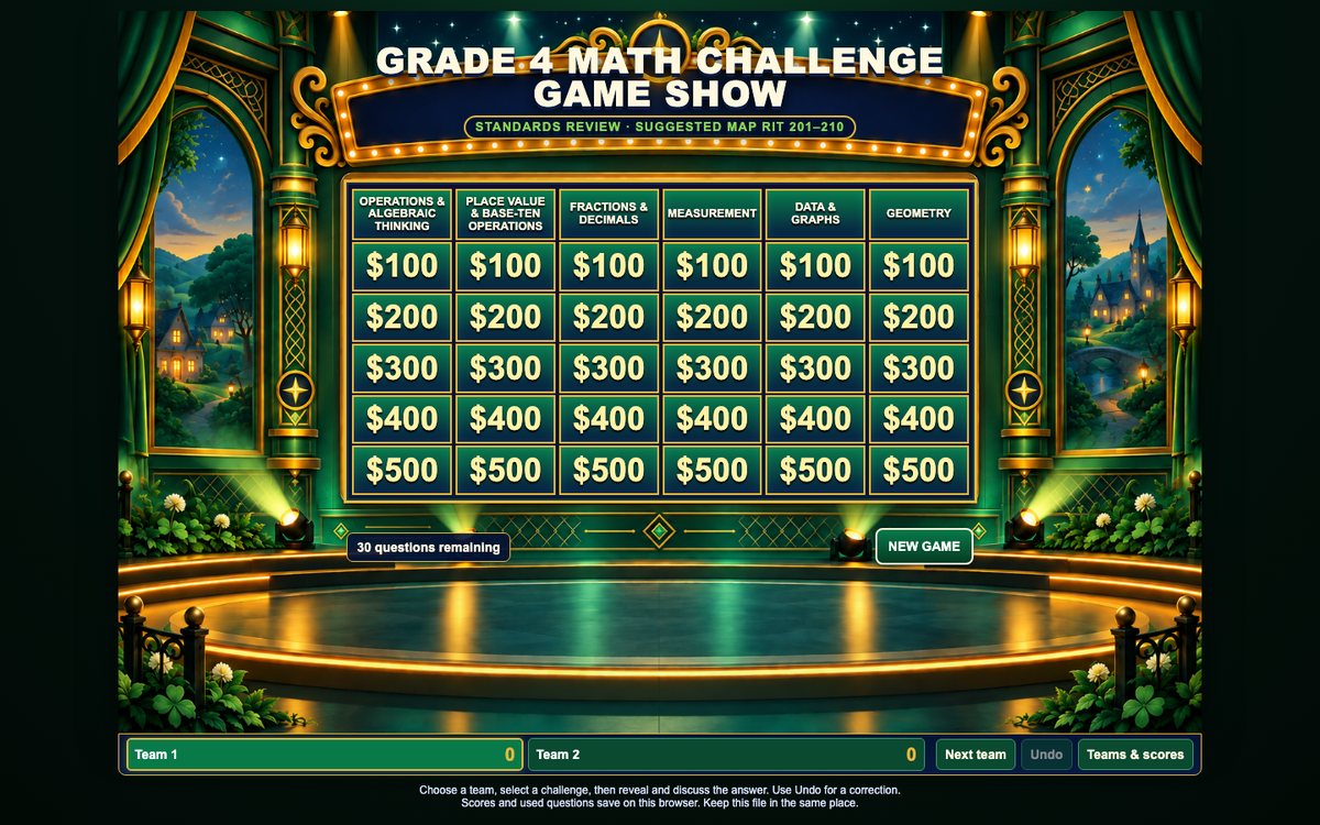 Math Challenge Game Show (year-round) game board (Grade 4 shown)