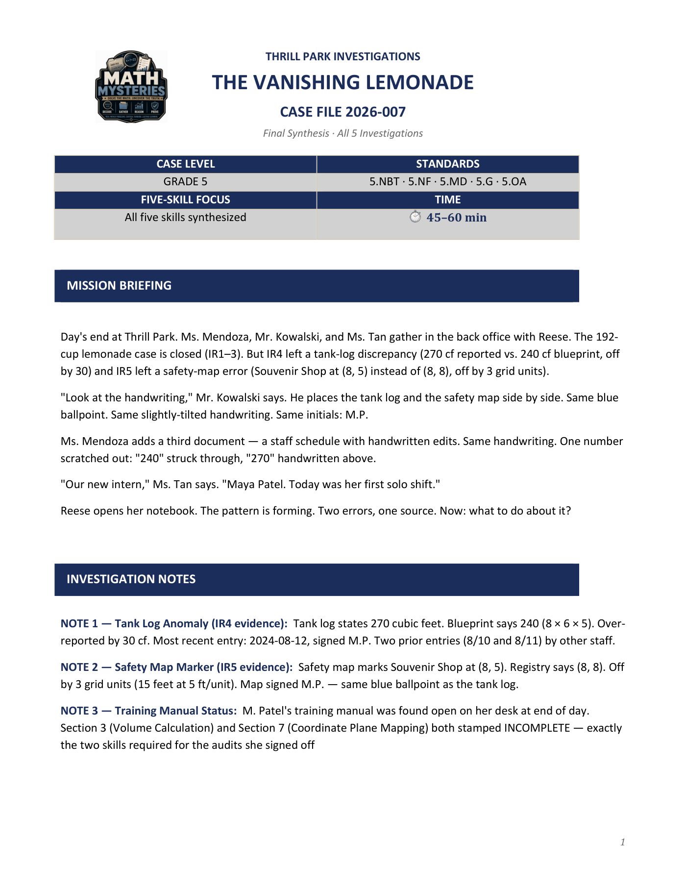 The Vanishing Lemonade case file, page 1