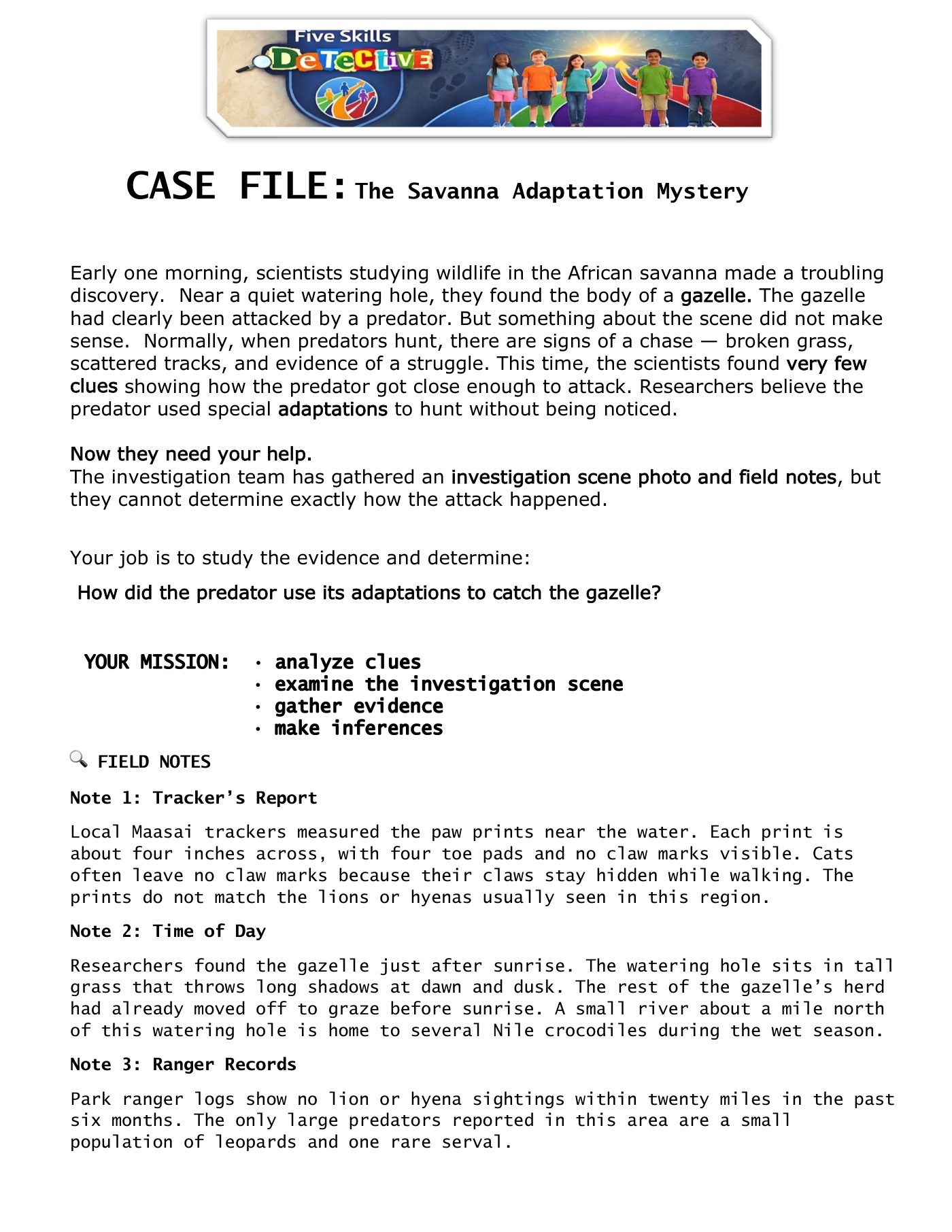 Animal Adaptations mystery case file, page 1