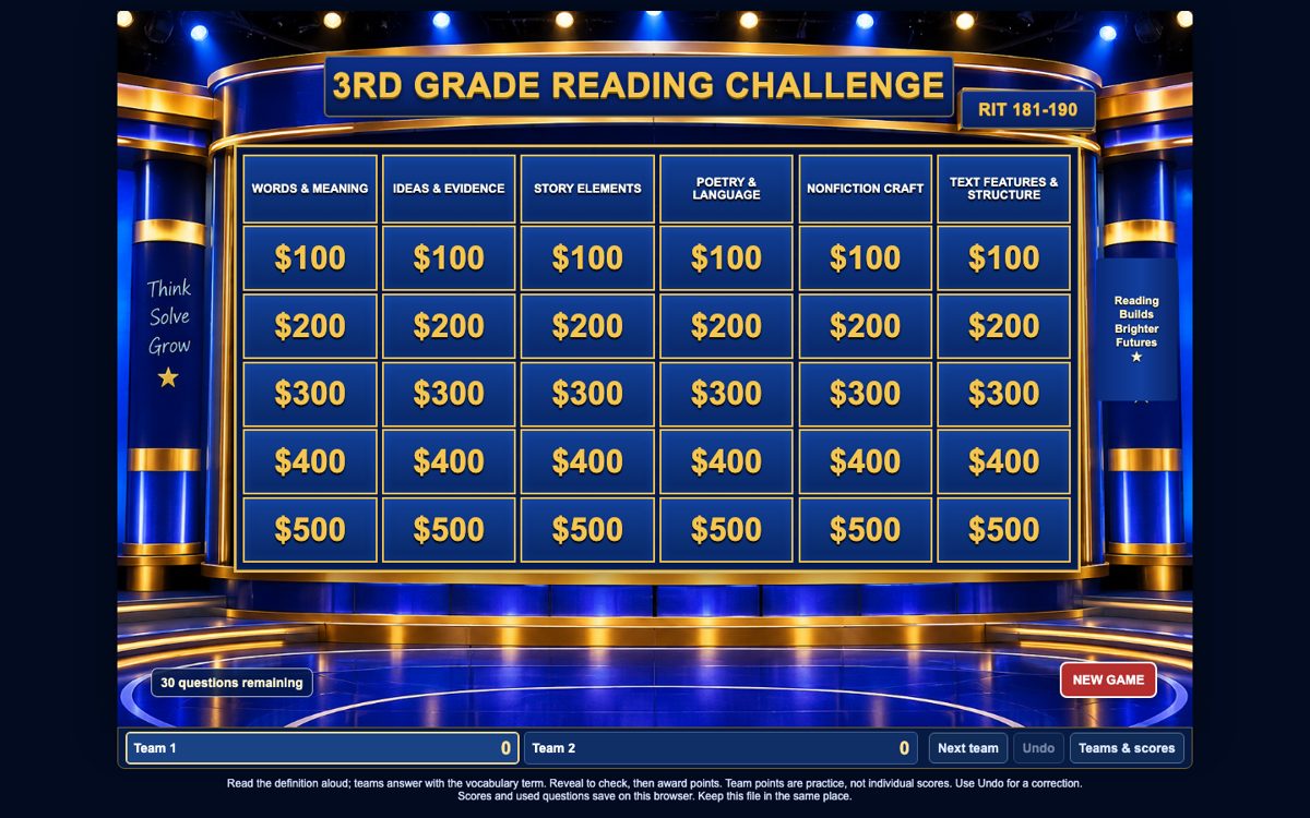 Reading Game Show Grade 3 game screen