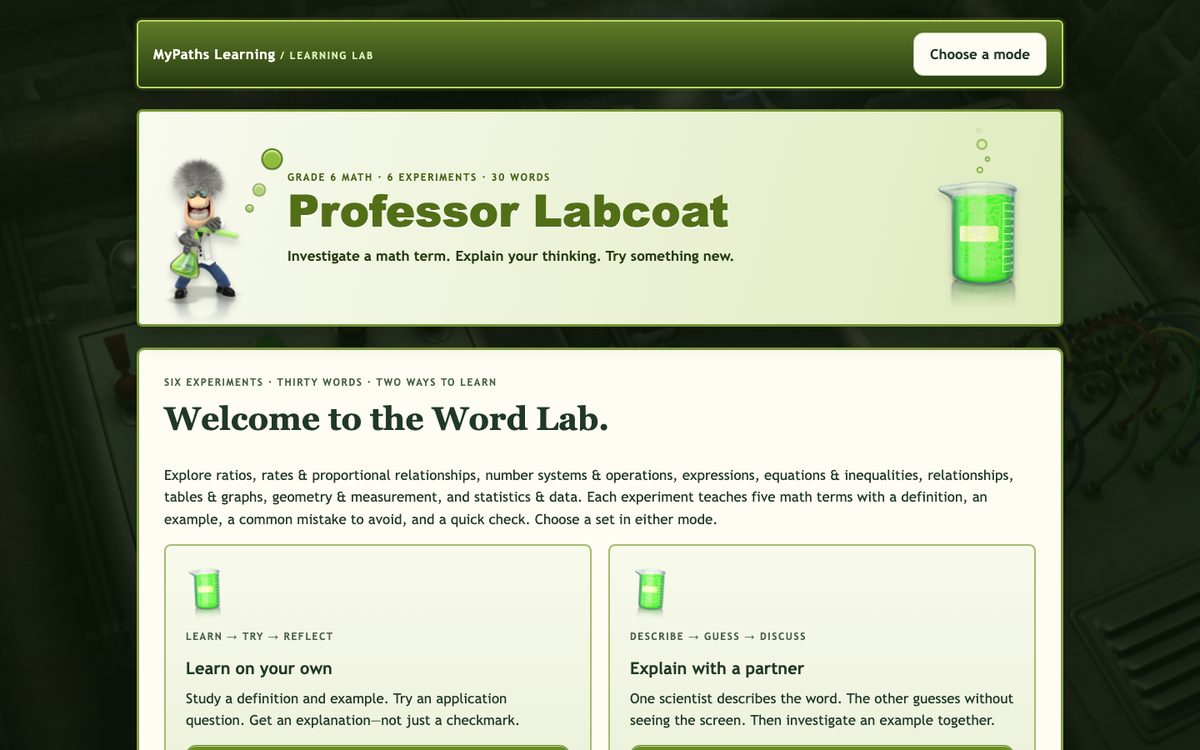 Professor Labcoat · Math Grade 6 game screen