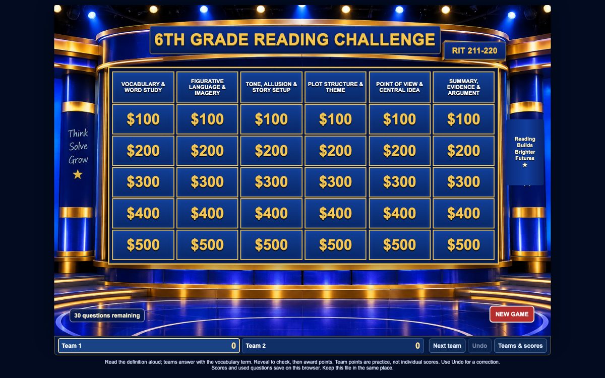 Reading Game Show Grade 6 game screen