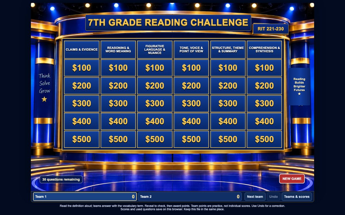 Reading Game Show Grade 7 game screen