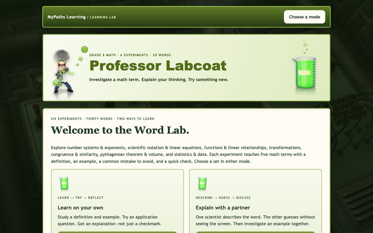 Professor Labcoat · Math Grade 8 game screen