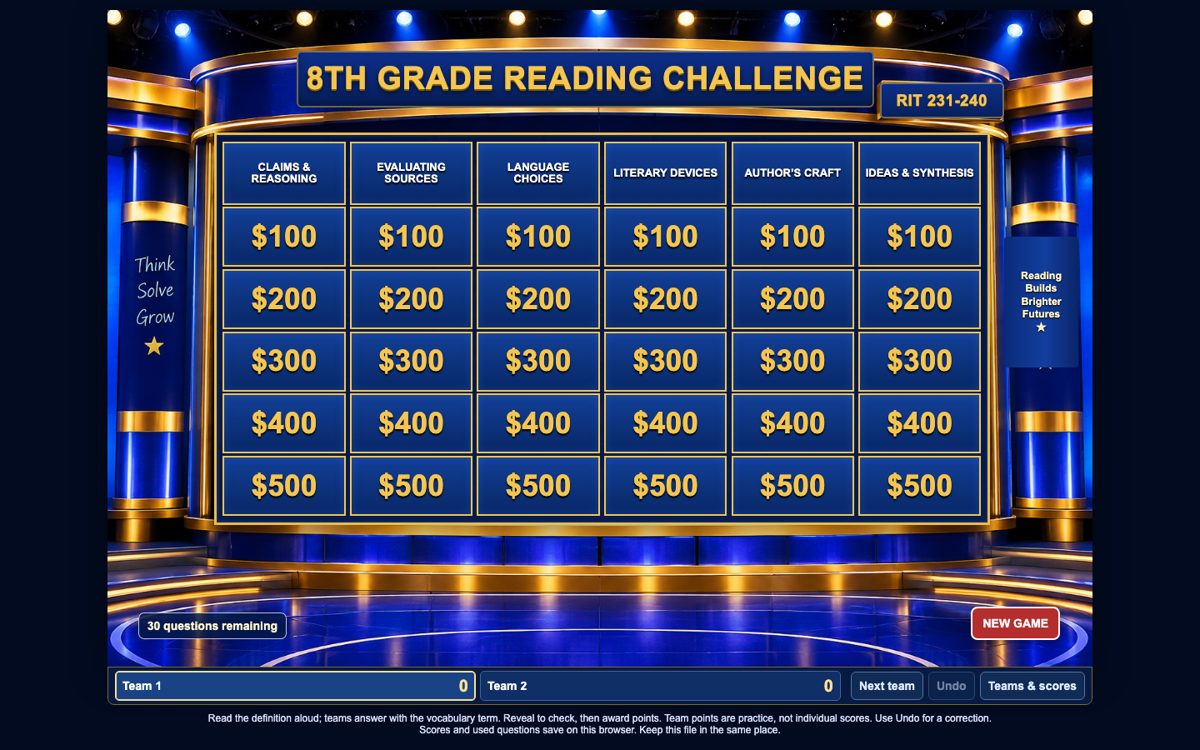 Reading Game Show Grade 8 game screen