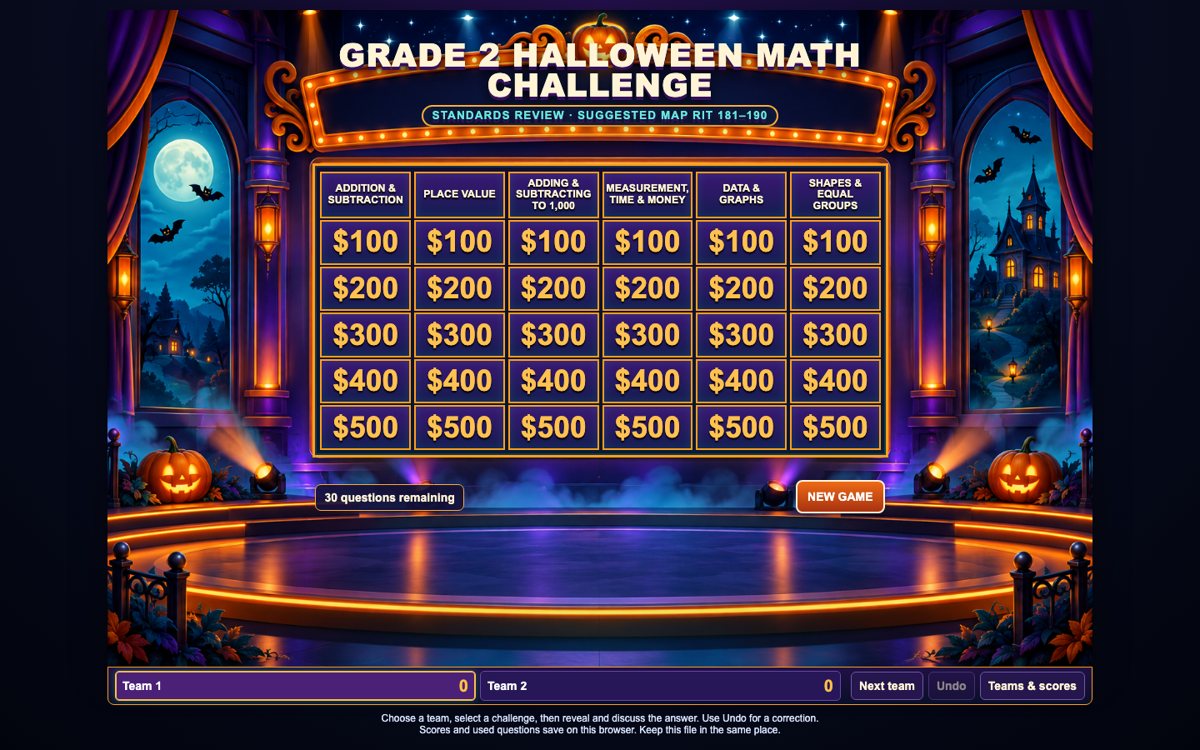 Grade 2 Halloween Math Challenge game board: six categories, five values, haunted-stage art