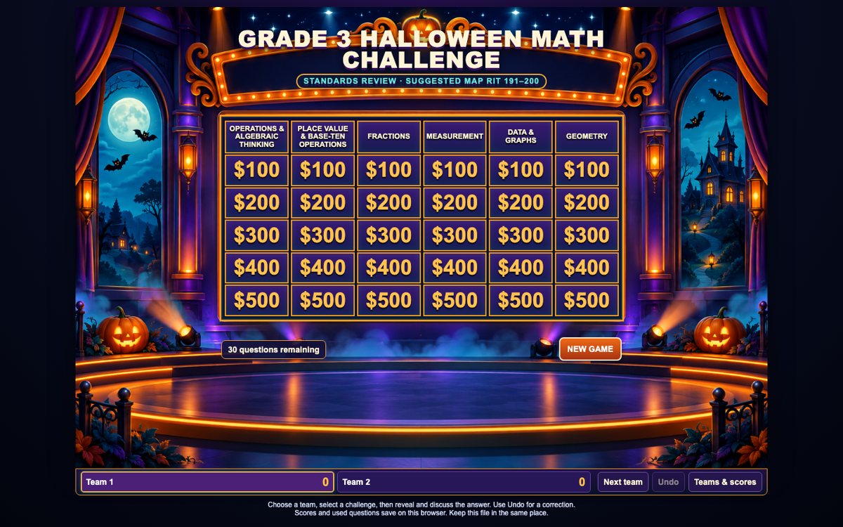 Grade 3 Halloween Math Challenge game board: six categories, five values, haunted-stage art