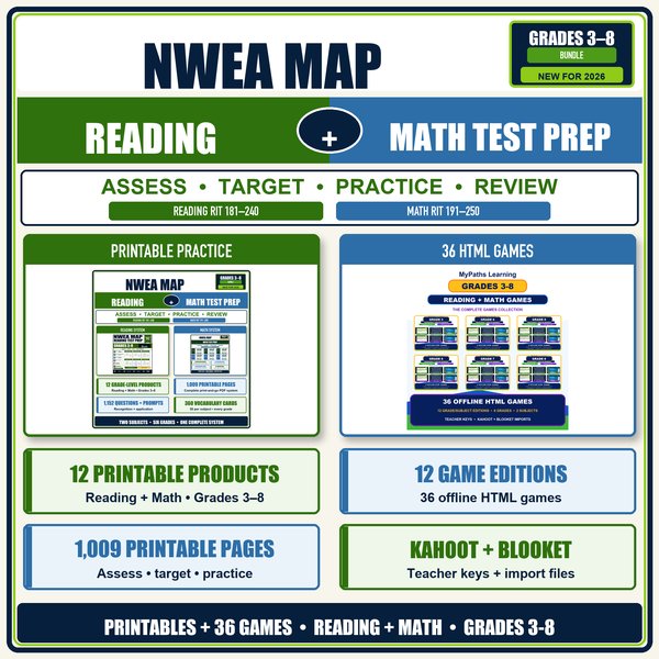 NWEA MAP Reading & Math Test Prep + 36 Games Bundle cover