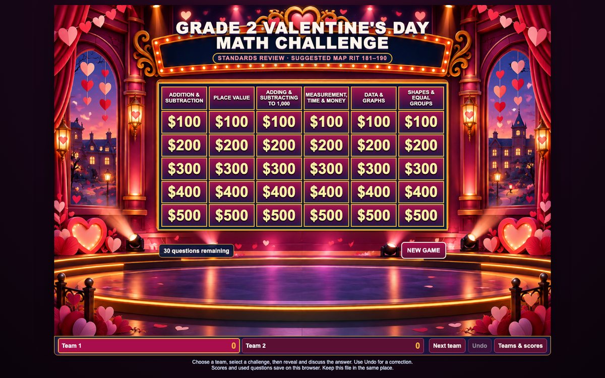 Grade 2 Valentine's Day Math Challenge game board: six categories, five values, heart-stage art