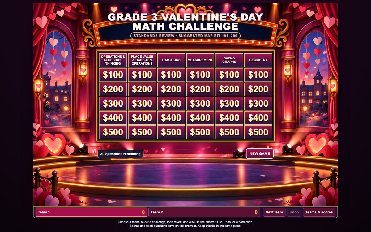 Grade 3 Valentine's Day Math Challenge game board: six categories, five values, heart-stage art