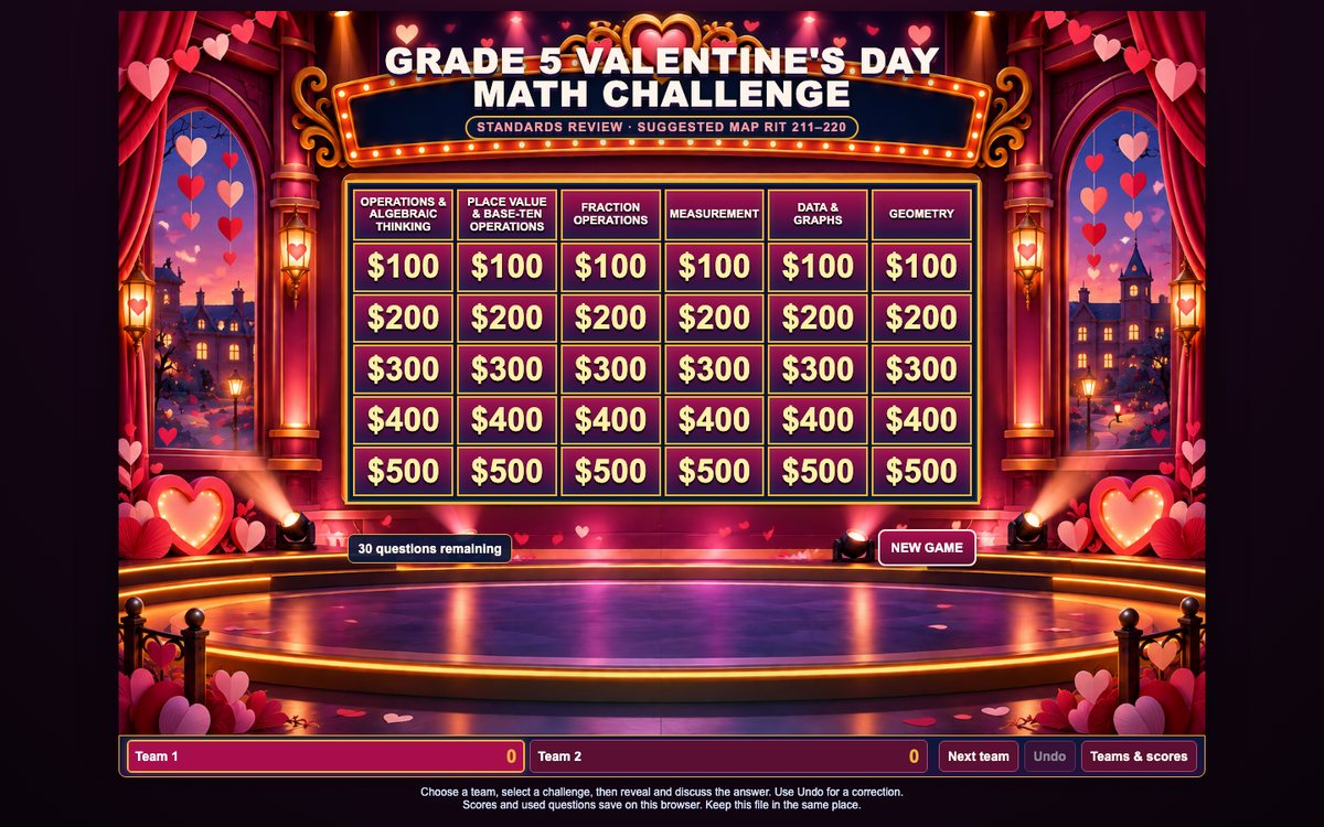 Grade 5 Valentine's Day Math Challenge game board: six categories, five values, heart-stage art