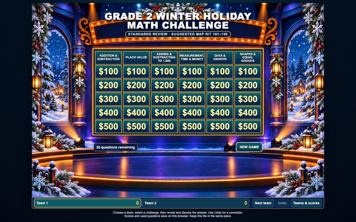 Grade 2 Winter Holiday Math Challenge game board: six categories, five values, winter-stage art