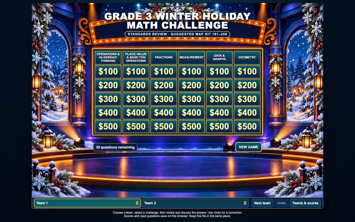 Grade 3 Winter Holiday Math Challenge game board: six categories, five values, winter-stage art