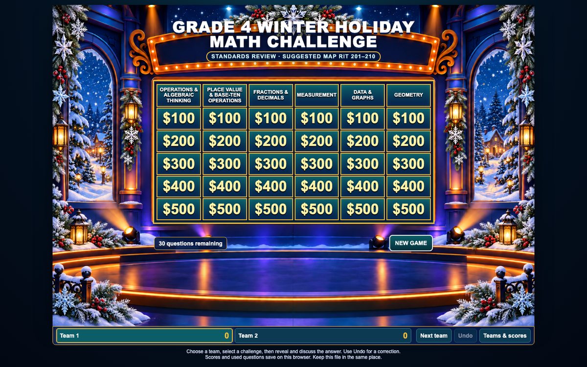 Winter Holiday Math Challenge game board (Grade 4 shown)